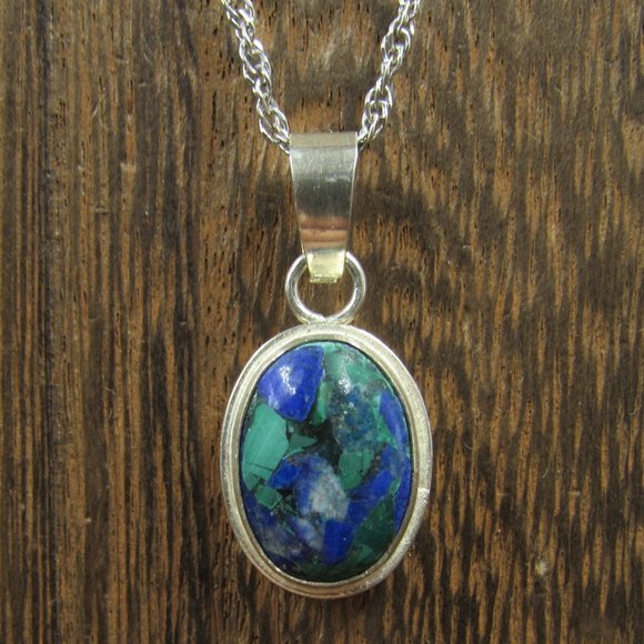 Jewelry - 18" Sterling Blue Green Stone Ornate Necklace